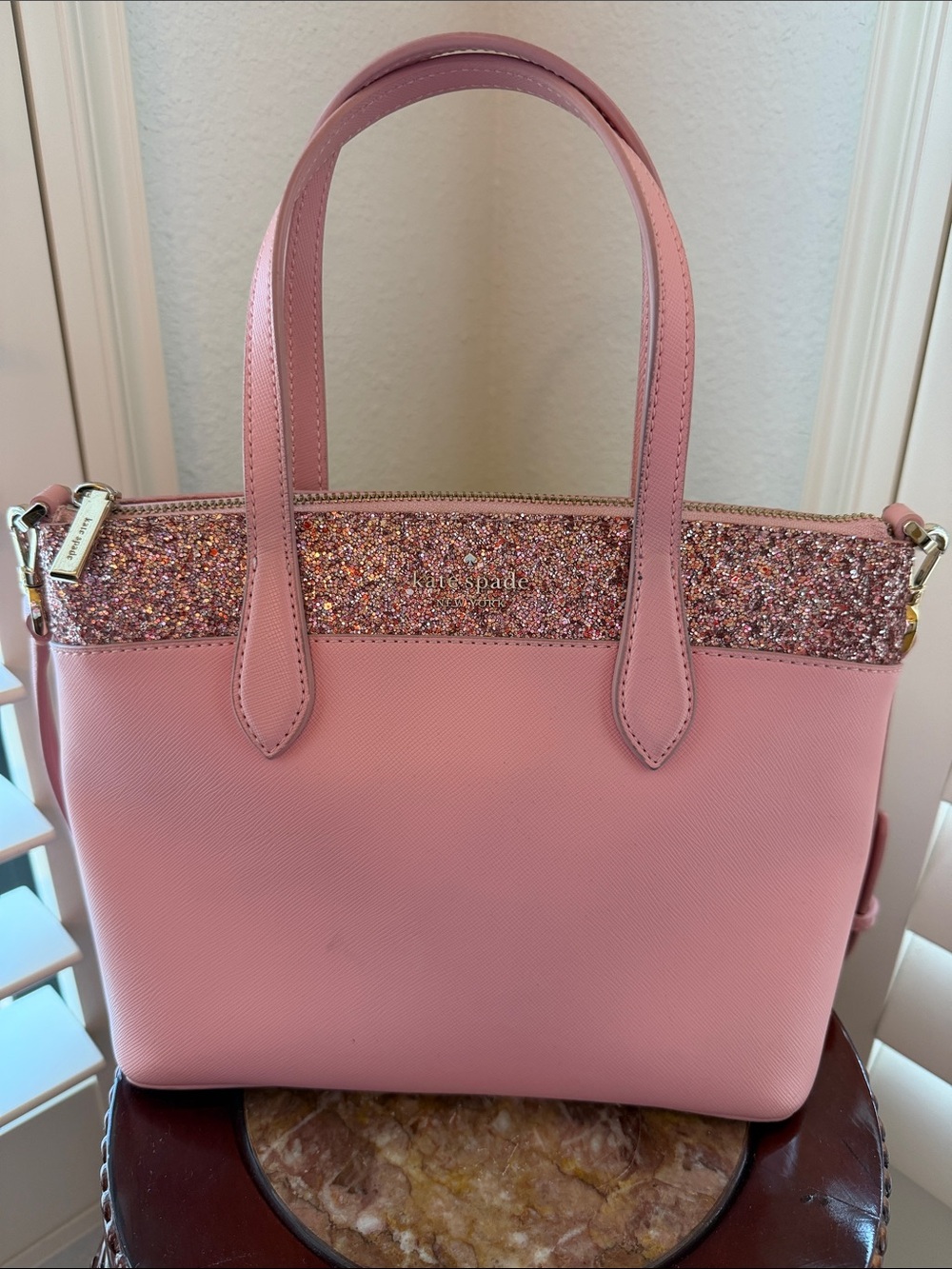 Kate Spade Pink Glitter Mixed In Tote Bag Authentic Crossbody Top Zipper - Picture 9 of 11